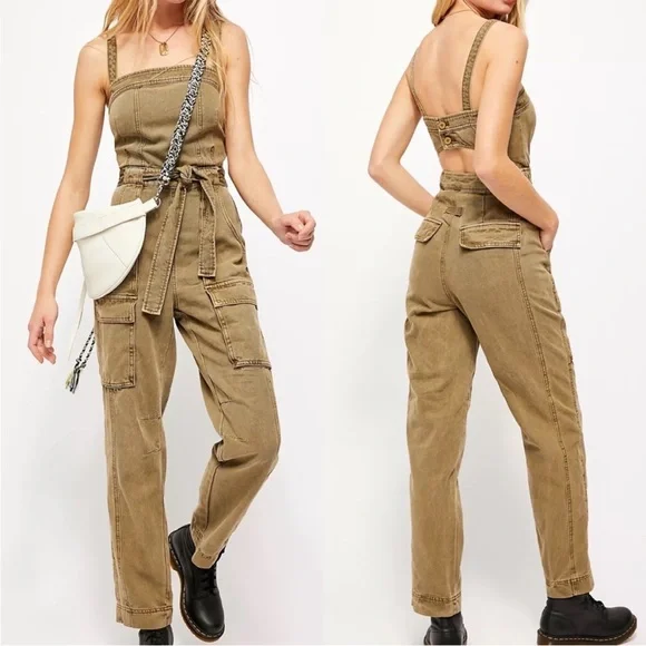 Free People Go West Utility Jumpsuit Moss green size large coverall cargo army L - Picture 2 of 15